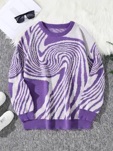 Unisex Soft High-Quality Knit Sweater, Casual Warm Round Neck Crewneck Pullover for Autumn Winter, Fashion Irregular Curve Pattern Design