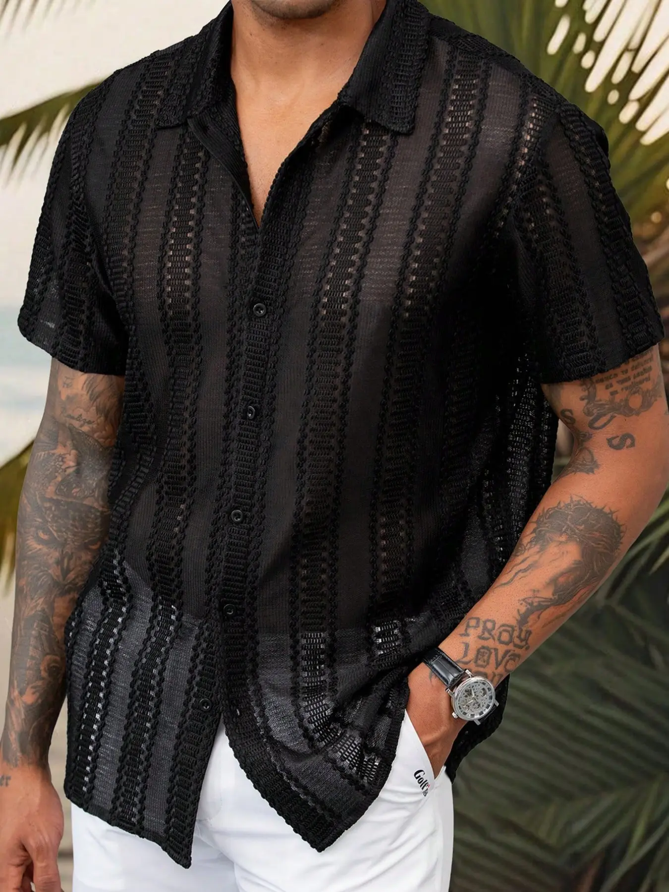 Men's Embroidered Mesh Short Sleeve Shirt, Casual Stylish Summer Hawaiian Tropical Loose Button Lace Transparent Stripes Argyle Solid Color Casual Beach Shirts Long Beach Vacation Style Summer Apparel