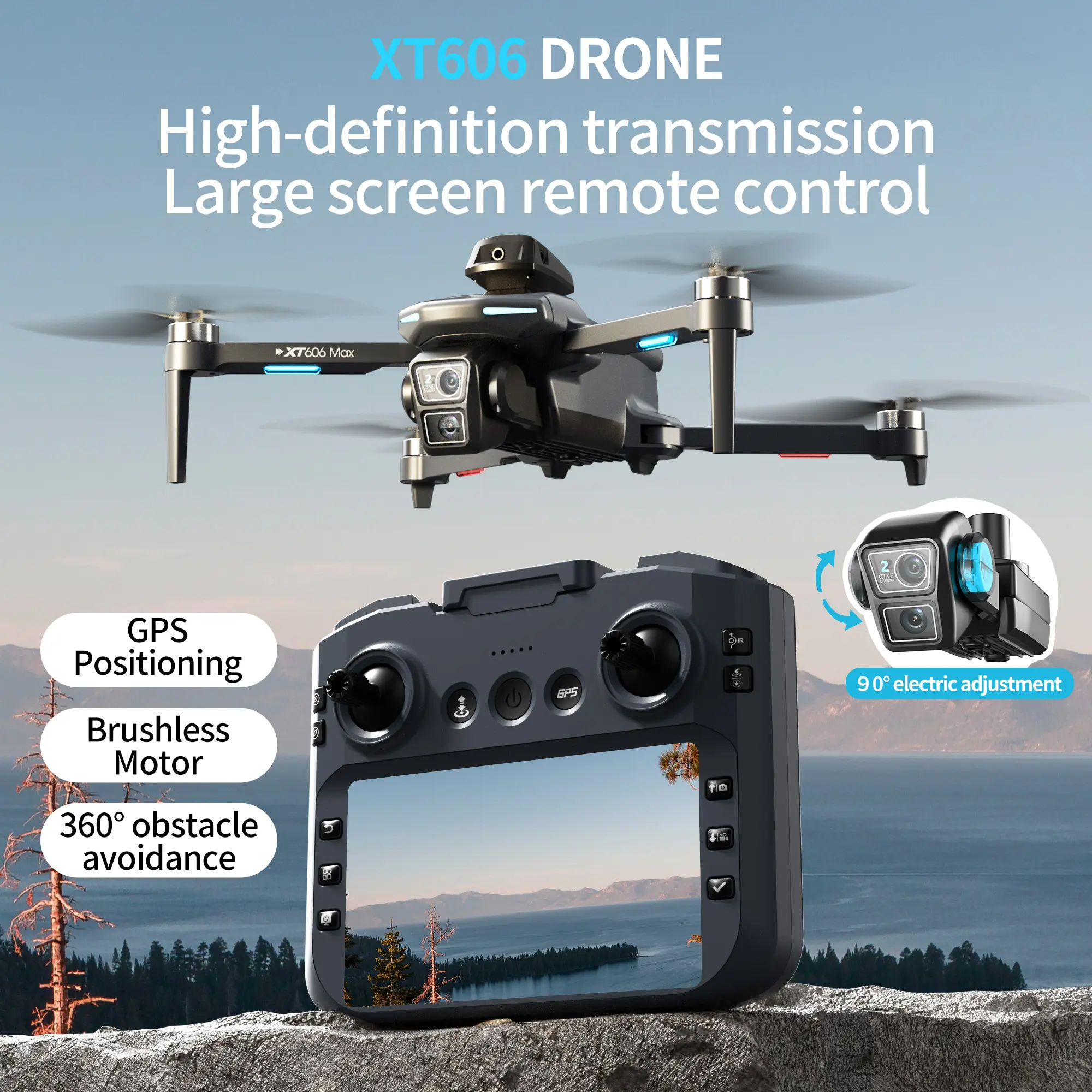 XT606 Max Foldable Portable GPS Drone with 4.5" Screen Remote Controller, Adjustable Camera, Brushless Motor, Smooth FPV Live View Connection, Smart Return, Novice-Friendly RC Drone for Outdoor Flying