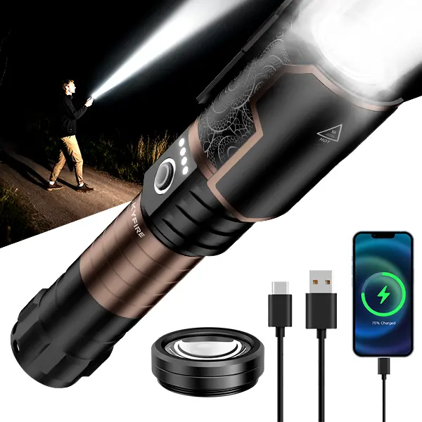 SKYFIRE Heavy Duty High Lumens Rechargeable LED Flashlight - Outdoor Battery-Powered LED Work Torch, Portable, Ignition Lens, Zoomable, Waterproof, 6 Modes, USB Port, for Camping, Emergency Use, Heavy Duty Flashlight, High Lumens Flashlights