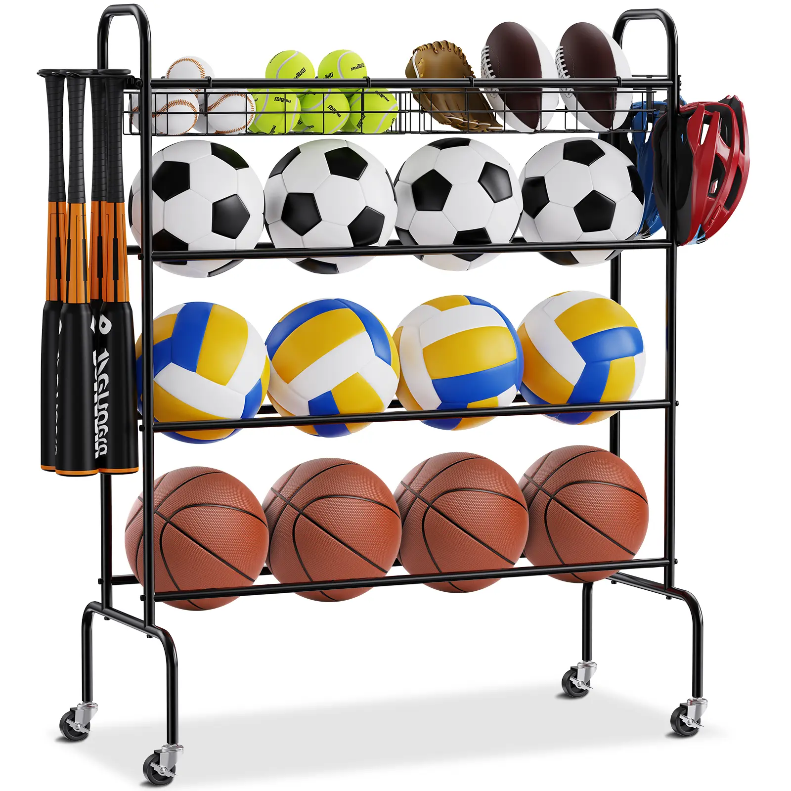 VEVOR 4-Layer Rolling Basketball Rack with Multilayer Shelf, Wheels, Hooks, Baskets, Home Gym Outdoors Sports Equipment Organizer, Holds Basketball, Football, Soccer, Volleyball, Hanging Clothes, School Bag