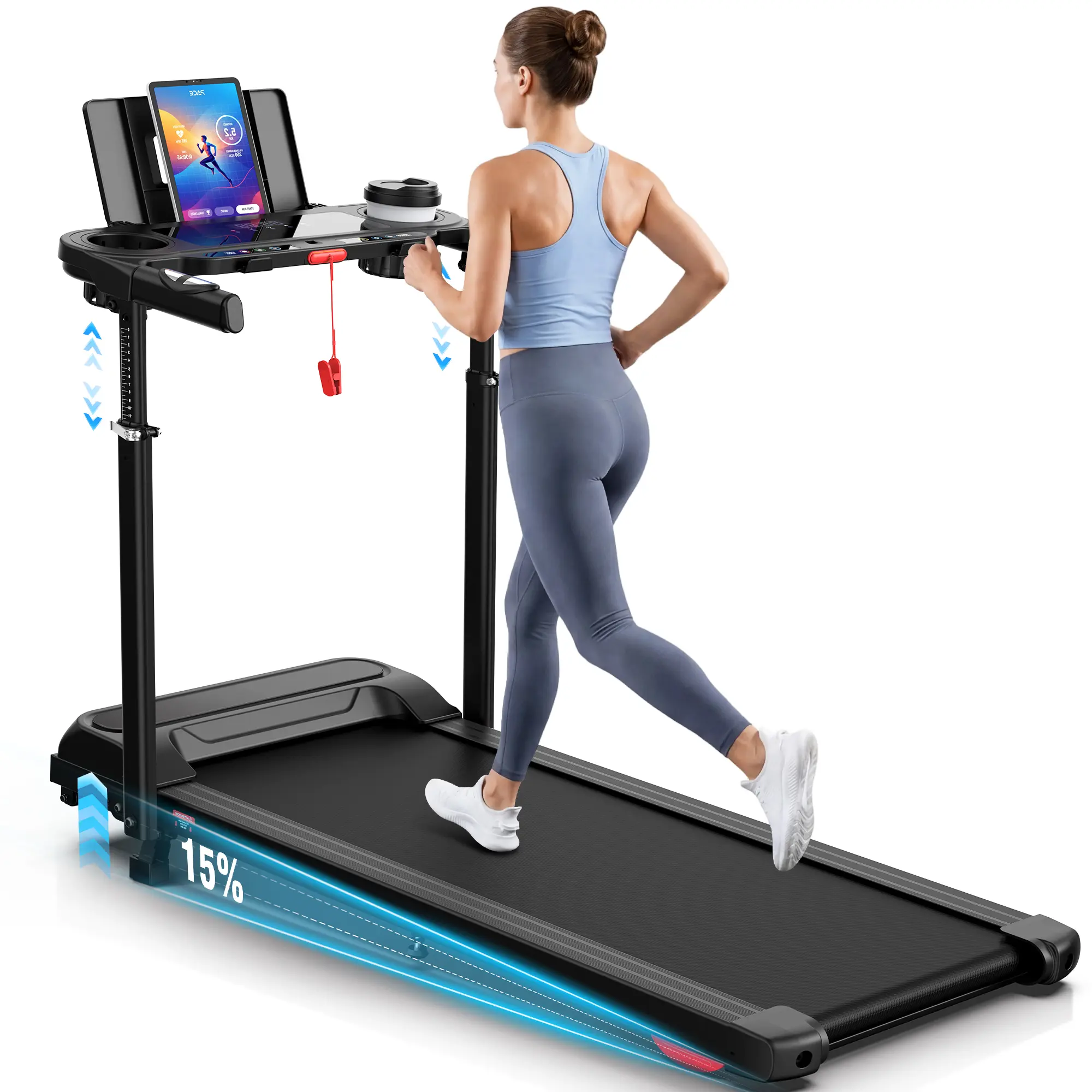 【DealsForYourDays】Treadmill for Kids and Adults with Adjustable Height & Desk Workstation, 450LBS Capacity, Easy Assembly Treadmill with 15% Incline and LED Display, 3.5HP Slient Motor Treadmill with Desktop for Home Office Whole Family Workout summerv