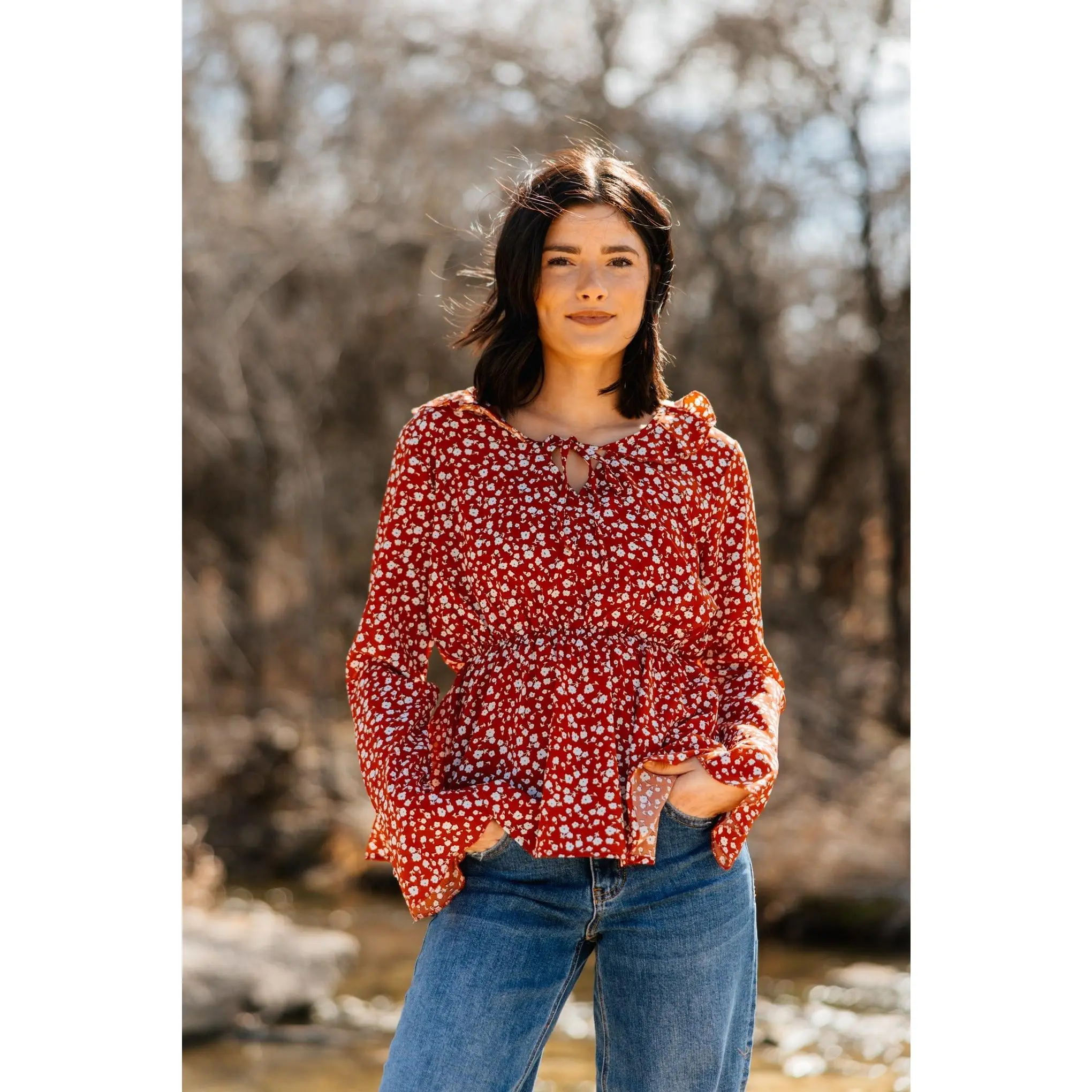 Peplum Blouse with Ruffle Detail, Red Floral
