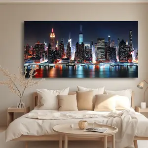 New York Skyline Canvas Wall Art - Modern abstract painting, vibrant night city print wrapped on canvas, horizontal wall decor for living room, bedroom, office and dining room, large canvas wall art