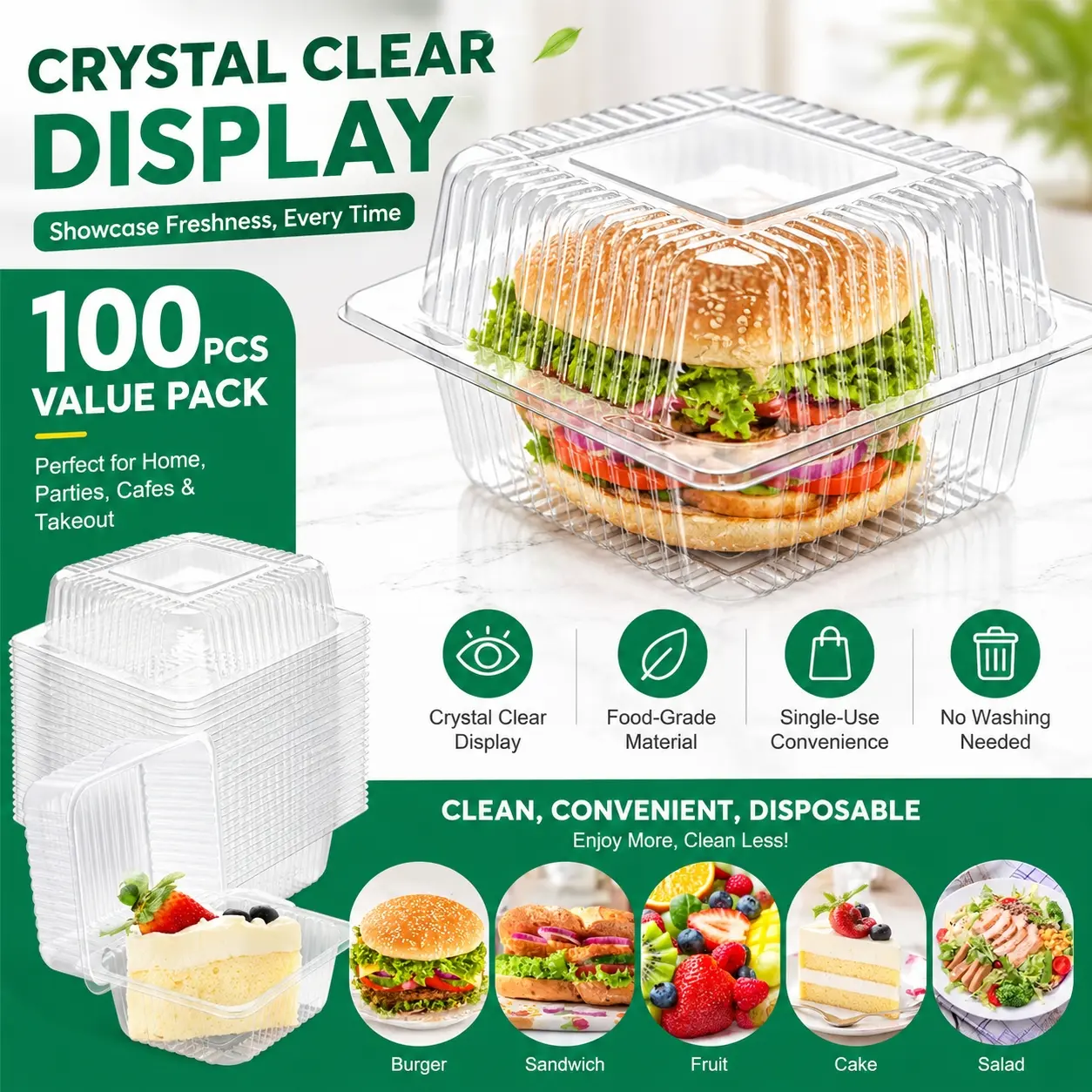 100-PC 5x5 Inch Food Storage Container Set with Lids, Plastic Food Containers, Square Food Safe Plastic Hinged for Pantry Organization Travel, Ideal for Outdoor Picnics, Take-Out Container