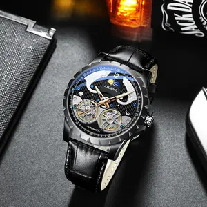 Ailang Men's Fashion 43mm Round Dial Steel Casing Automatic Mechanical Wristwatch - Waterproof Lum., Double Tourb., Luminous, Moon Phase Display, 1-All Black Leather, 3-Blue Black Leather
