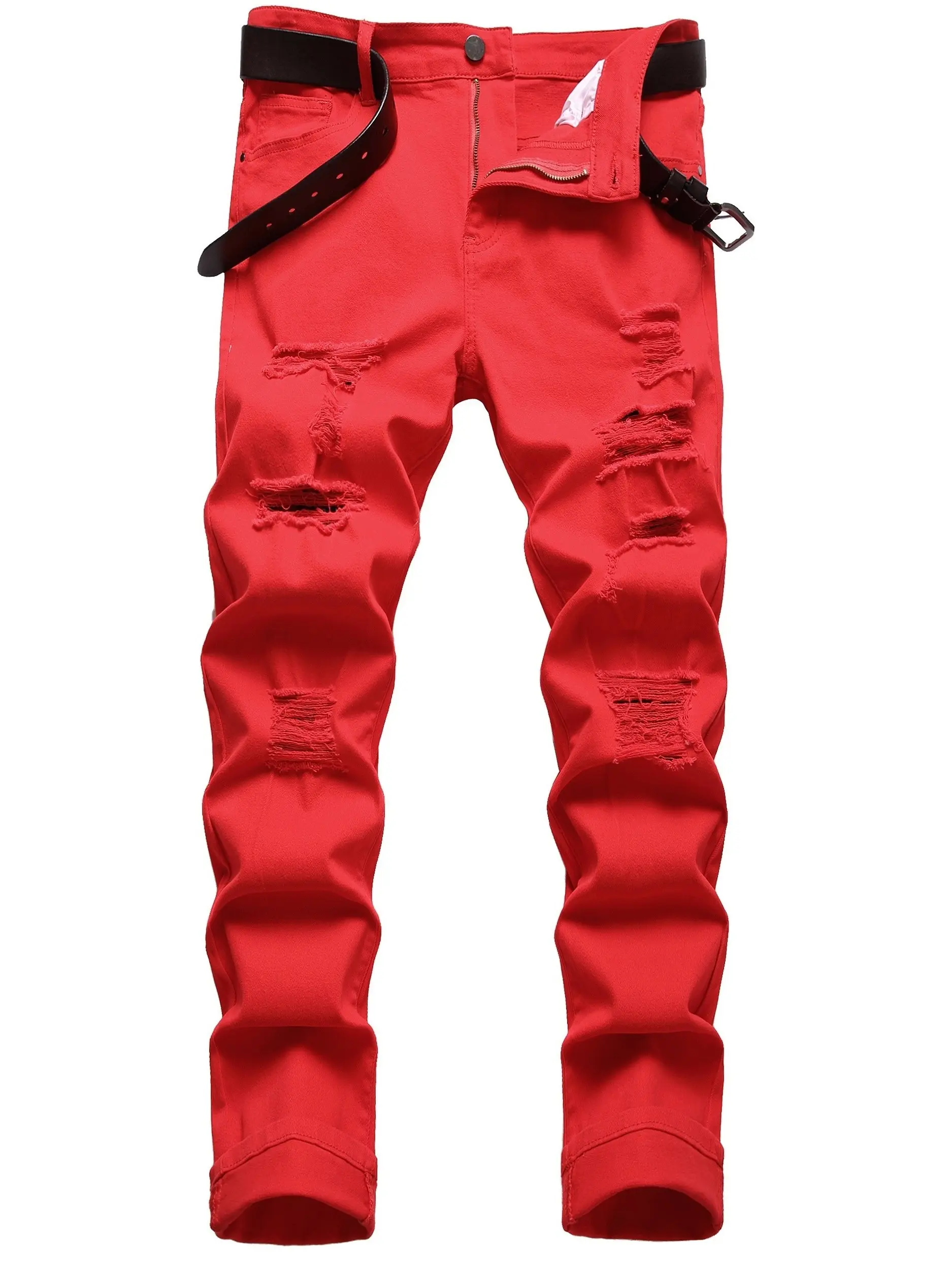 Men's Ripped 100% Cotton Denim Pants, Slim-Fit Distressed Straight-Leg Menswear, Plain Mid-Waist Below-the-Ankle Red All-Seasons Rock Y2K Style Jeans