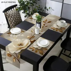 2D flat printing, 1 piece/4 pieces/6 pieces/5 pieces set/7 pieces set, floral gold patterned table flag and placemat set, restaurant kitchen desktop decoration, very suitable for family gatherings, indoor and outdoor parties, suitable for daily use