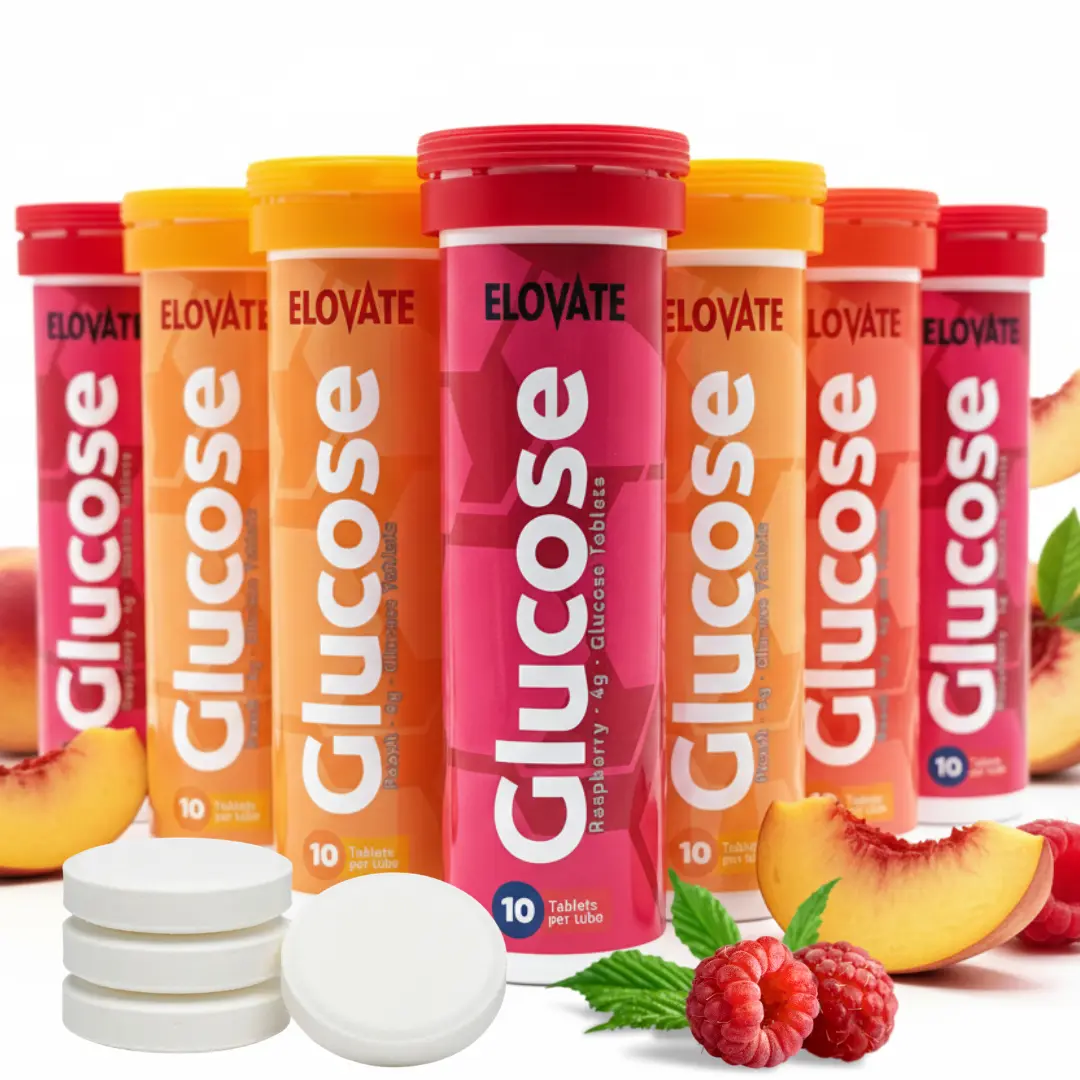 ELOVATE Fast Acting Glucose Tablets – 4g per Tablet, Multiflavor (Peach & Raspberry) – Gluten Free, Fat Free, 8 Tubes (80 Count) – Quick Dissolving Energy Supplement