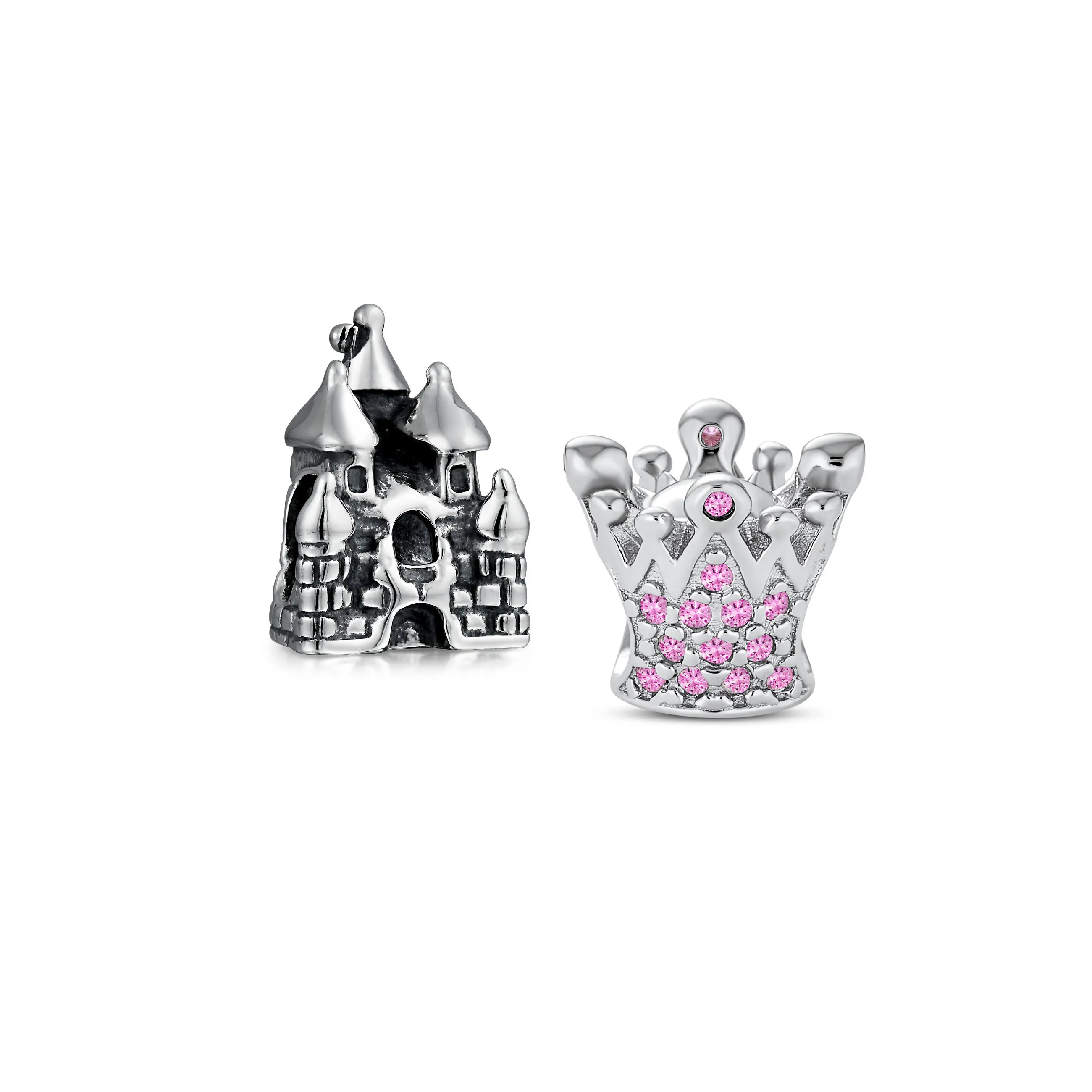 Sterling Silver Fairytale Castle & Princess Crown Pink Crystal Bead Charm Daughter for Bracelet (Set)