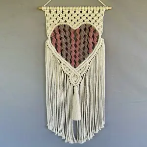 Macrame Heart Wall Hanging | Boho Fiber Art Dusty Rose and Pink | Pink Spiral Heart Decor with Tassel | Hangable Wall Art - Ornaments