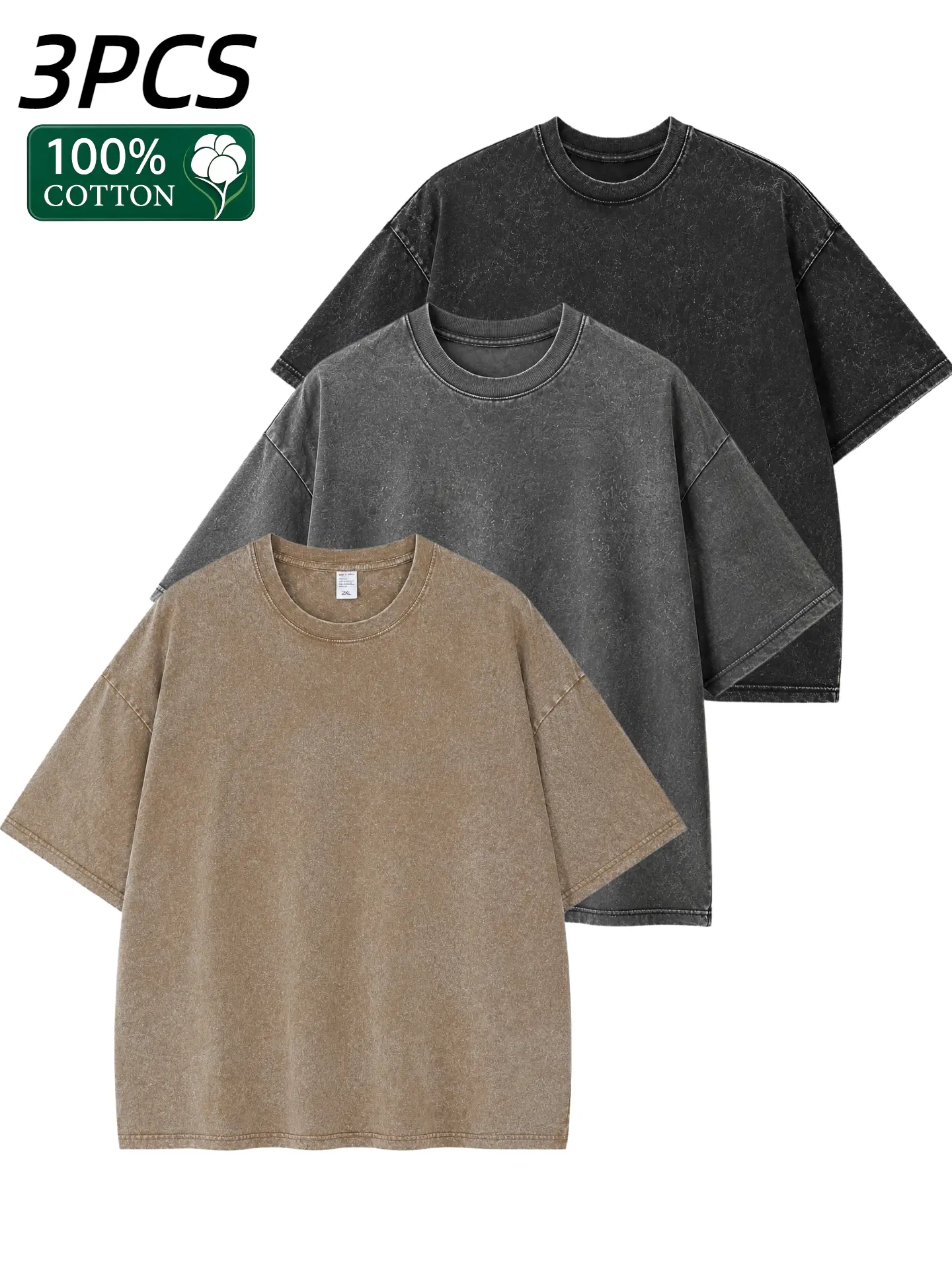 Men's 3-Pack Acid-Dyed Baggy Cotton T-Shirts, Round Neck Short-Sleeve Casual Summer Tops, Loose-Fit Solid Streetwear Menswear Casual T-Shirts