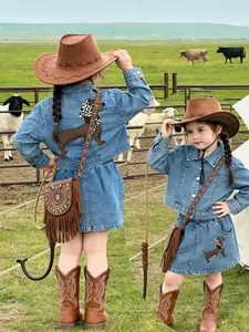 Western Cowboy Style Girl Denim Dress Set, Spring Summer Two-Piece Design, Classic Short Jacket and Skirt, Leopard Print Headscarf, Casual Fashion Set