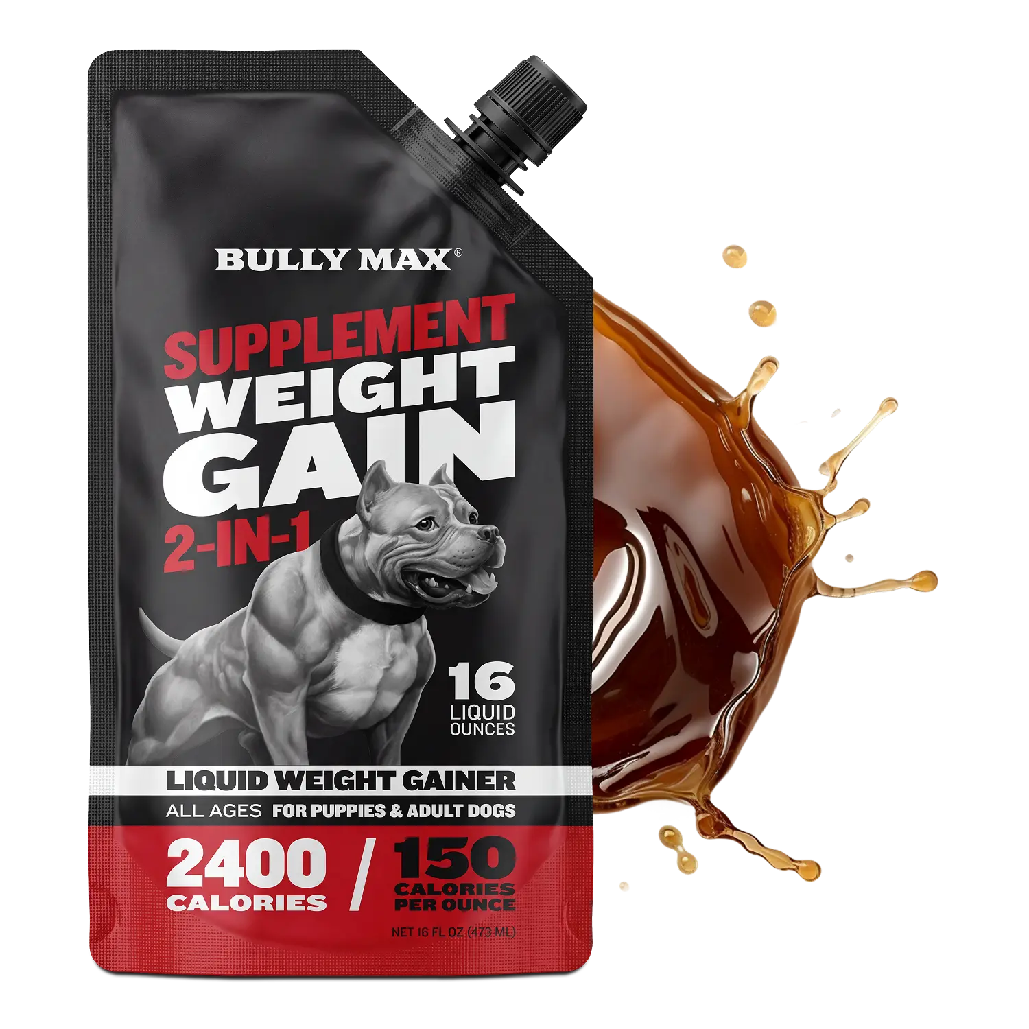 Bully Max 2-in-1 Weight Gainer Liquid Dog Supplement, High-Calorie Multivitamin Puppy Food Supplement for Puppies & Adult Dogs - 16 oz Bag