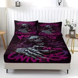 Dark skeleton pattern printed fitted sheet, including 1 sheet and 2 pillowcases, anti-slip dust cover, suitable for bedrooms and guest rooms, suitable for personal use or gift giving