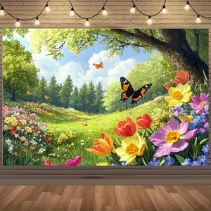 Vibrant Butterfly and Flower Garden Tapestry - Polyester Wall Hanging with Colorful Tulips, Butterflies, and Sunlit Forest Scene for Home Decor, Living Room, or Party Backdrop, Party Backdrop |