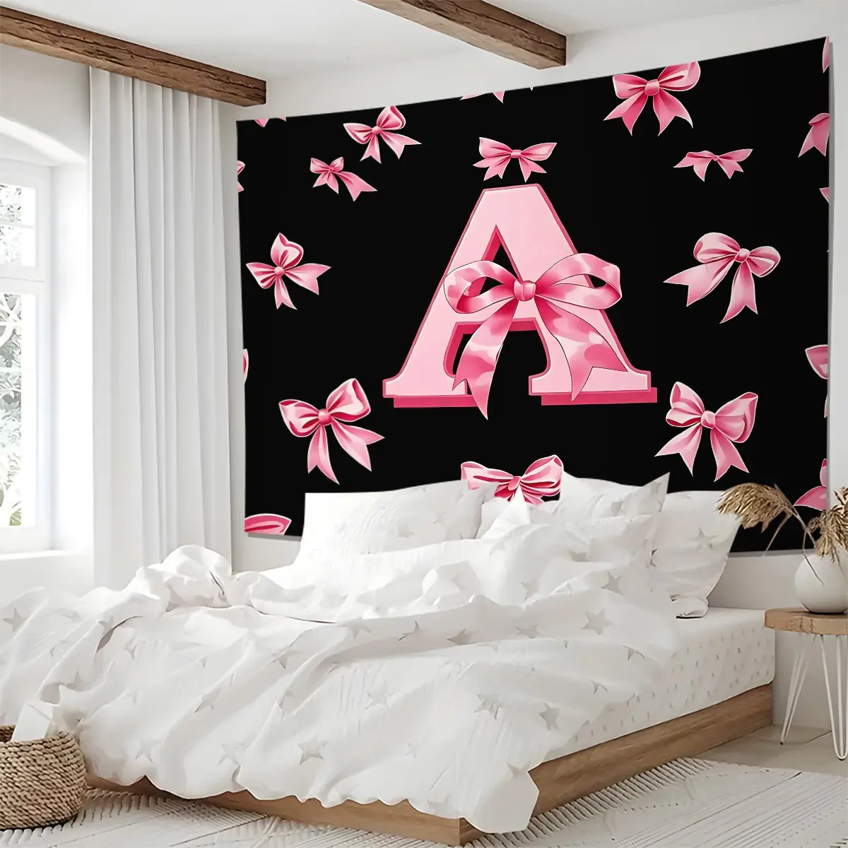 Y2K Pink Ribbon Monogram Letter A Print Tapestry, Preppy Black Pink Aesthetic Bow Tapestries, Dreamy Coquette Style Home Wall Hanging Backdrop Decor for Bedroom Dorm Apartment,Party Photo Booth, Trendy Gift for Girls Women