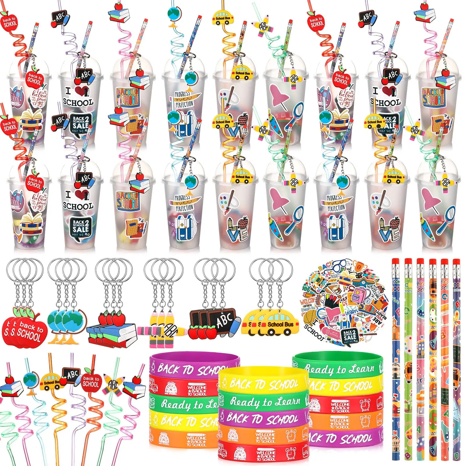 24 Set Back to School Cup Supplies Gifts for Students include Lid Disposable Cups Straws Keychains Decors Silicone Bracelets Pencils Stickers Meet the Teacher First Day of School Party Favors for Class Rewards Welcome Prize Stationery Goodie Bags Fillers