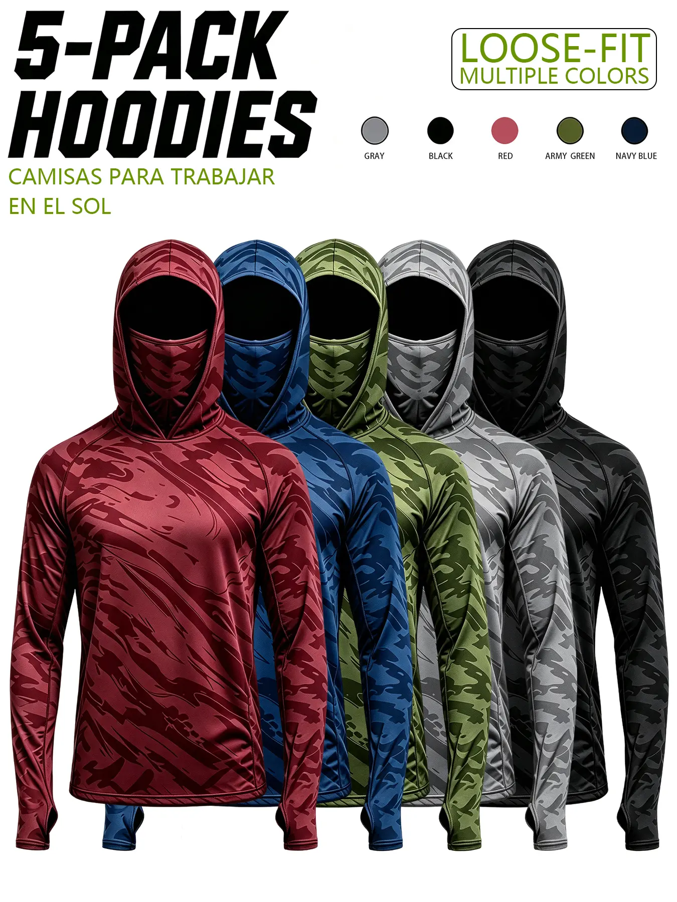 Men's 5-Pack UPF50 Sun Protection Hooded Long-Sleeve Shirts - Loose-Fit, Quick-Dry, Stretch Athletic Shirts with Built-In Face Mask & Thumb Holes for Fishing, Construction Work, Outdoor Sports