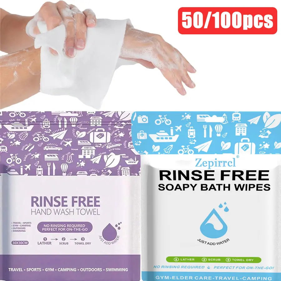 50/100Pcs No-Rinse Disposable Care Cleansing Towels, All-in-One Shower Towels. Just soak, lather and dry with no rinsing needed. Suitable for outdoor travel, home care and people with limited mobility. 25 pieces per pack.