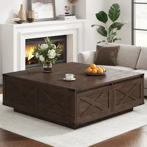 47” Farmhouse Square Coffee Table with 4 Drawers Extra Large Coffee Table with Storage Wooden Large Coffee Tables for Living Room Square Center Table for Home Office mothersdaygift Brown/Natural summervibes