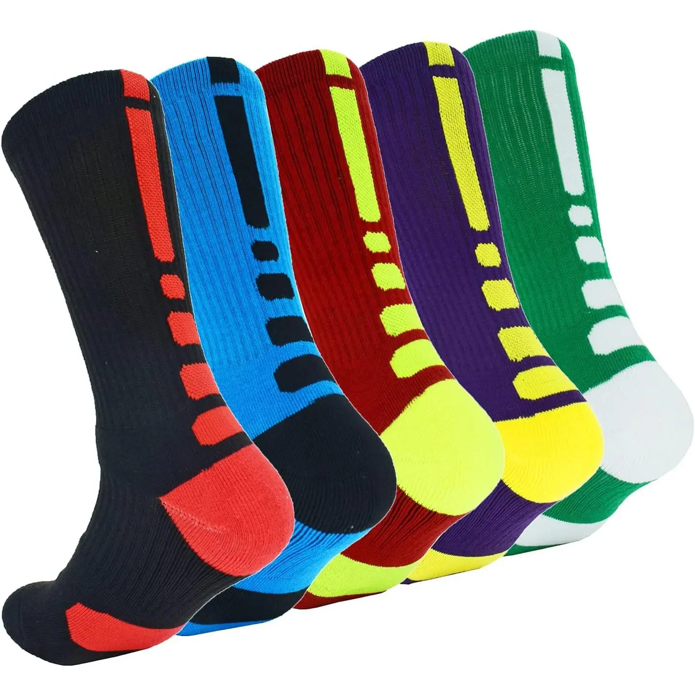 5 Pairs Men's Adult Multicolor Athletic Moisture Wicking Crew Socks, Elastic Cushioned Long Compression Socks for Basketball, Size 6.5-11.5, Moisture Wicking Socks, Multicolor Athletic Socks