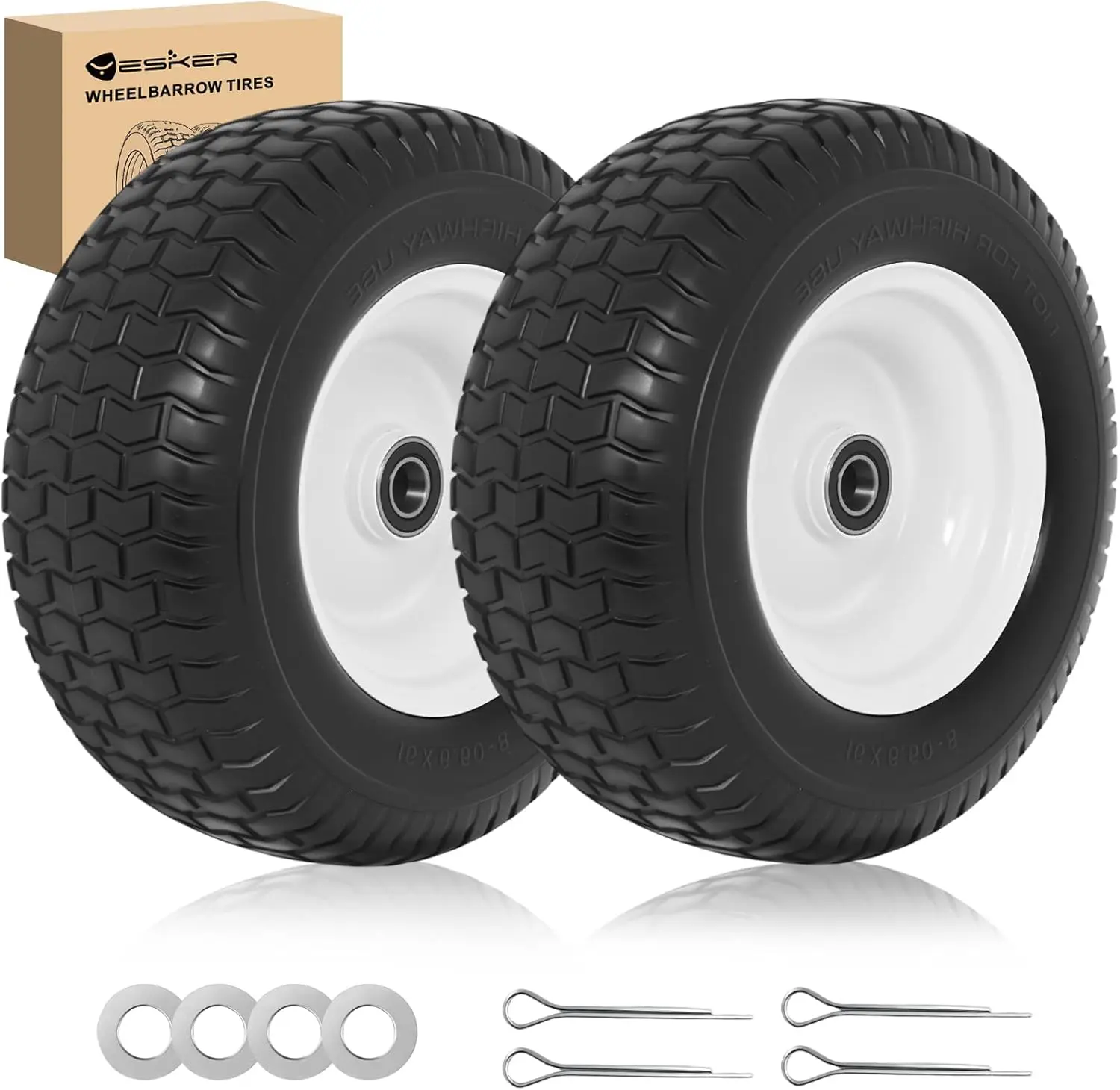 Yesker 2-Pack 16x6.50-8 Puncture-Free Flat Solid Polyurethane Lawn Mower Replacement Wheels, 1-in Axle Bore, 3-in Centered Hub, High Load Performance (570 lbs), Heavy-Duty, No Spacers/Pins Included