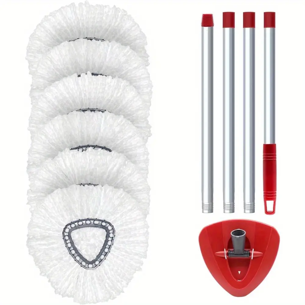 Spin Mop Replace Head Base, Handle Compatible with O Cedar EasyWring Microfiber Spin Mop, 6 Mop Refills Replacement Heads, 30-58" Mop Handle and 1 Mop Base Combo Set (White, 1-Tank System)