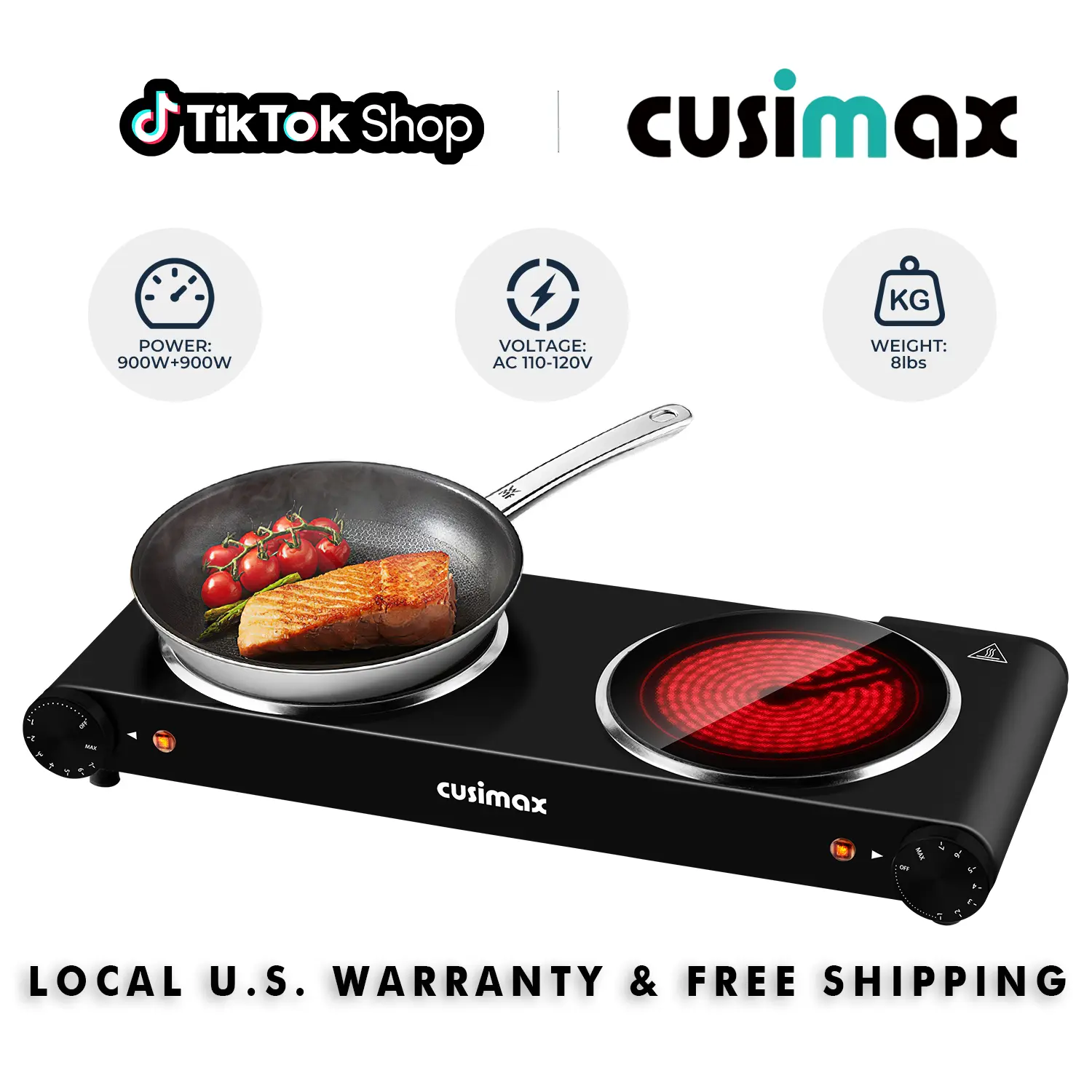 CUSIMAX Dual Control Ceramic Electric Hot Plate - Mini Kitchen Induction Hob, US Plug, Durable Stainless Steel Body, Energy Efficient, Auto Shut-Off, Precise Temperature Control, Induction Compatible Cookware,SummerFinds