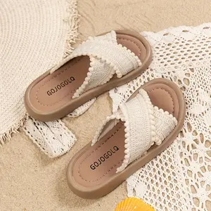 Summer Canvas Beach Shoes Girls' Flat Soft-Soled Sandals Girls' Flip-Flops Leaky Toe Slippers