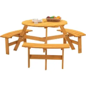 Outvita 6 Person Wooden Picnic Table Set, Outdoor Round Picnic Table with 3 Built-in Benches,Umbrella Hole, Outside Table and Bench Set for Garden, Patio, Porch, Deck, Backyard, Adults and Kids, Natural Summervibes