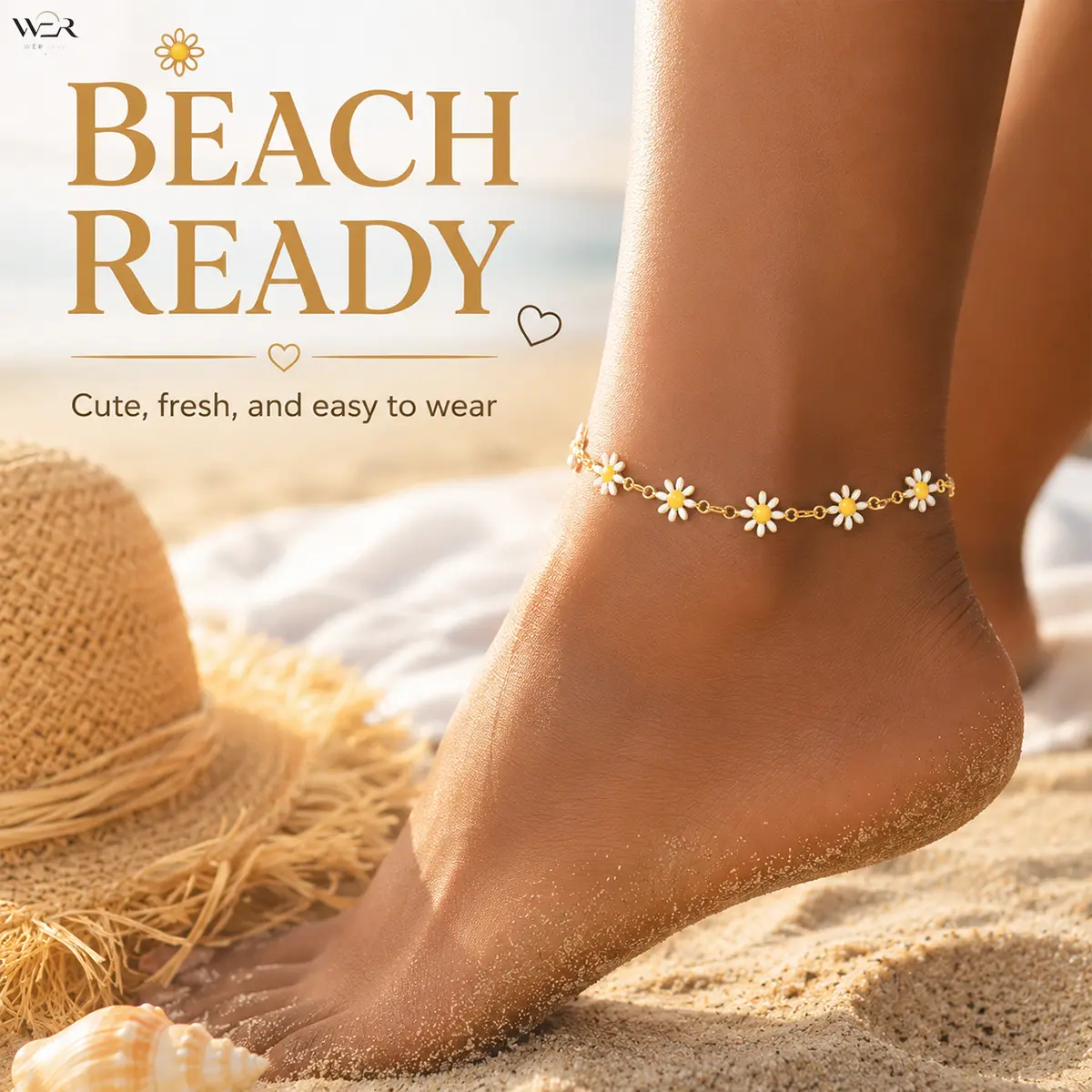 Yellow Gold Daisy Flower Pattern Anklet for Women, Elegant Chain Jewelry, Adjustable Lightweight for Summer & Daily Wear, Chain Jewelry Anklets, Daisy Flower Pattern Anklets
