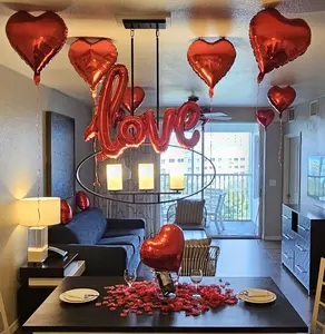 Apintop Luxe Balloon Set 42'' Red LOVE Balloon Set, 12 Heart Foil Balloons, 1000 Silk Rose Petals, Air Pump, Ribbon & Glue Dots Kit Retro Light
