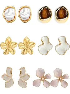 6 Pairs Elegant Pastel Flower Stud Earrings, Ear Studs, Unique Statement Flower Dangle Earrings White Enamel Large Stud Trendy Jewelry Personality Big Stud Earring, Earring Set