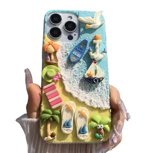 Handmade Beach Sailboat Sun Chair Coconut Tree Seagull Aesthetic Protective Smartphone Case for iPhone 17 16 15 14 13 12 11 Pro Max, Soft Tpu Anti-Slip Back Cover Accessories