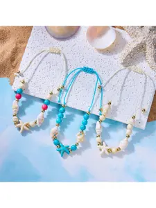 Boho Handmade Woven Bracelet with Starfish Seashell Turquoise Beads Adjustable Pull Cord for Women Summer Beach Vacation Jewelry