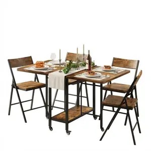 Folding Dining Table and Chair Set, Drop Leaf Foldable Kitchen Table with 4 Chairs, Folding Dinner Table Set with Storage & Lockable Wheels, Space Saving, for Kitchen or Dining Room, Retro