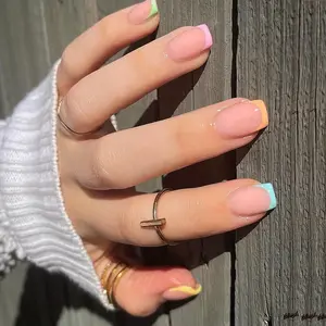 24Pcs Colorful French Tip DIY Press-On Nails - Short Square Glossy Fake Nail Kit