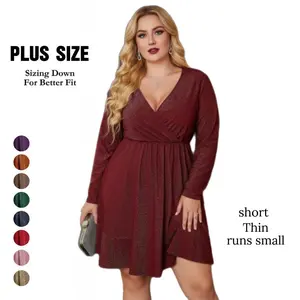 Plus Size Women's Black Glitter Dress V Neck Long Sleeve Ruffle Hem Swing Club Cocktail Party Dresses Formal Fit Soft Fabric Comfy Womenwear Nylon Spandex Stretchy Mother Bride Dress Quinceanera Dress Prom Wedding Guest Dresses Womenswear Wrap Thin short
