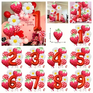 8pcs Strawberry Theme Birthday Balloon Set, and Foil Number Balloons for Party Decor, Spring and Summer Design with Ribbon