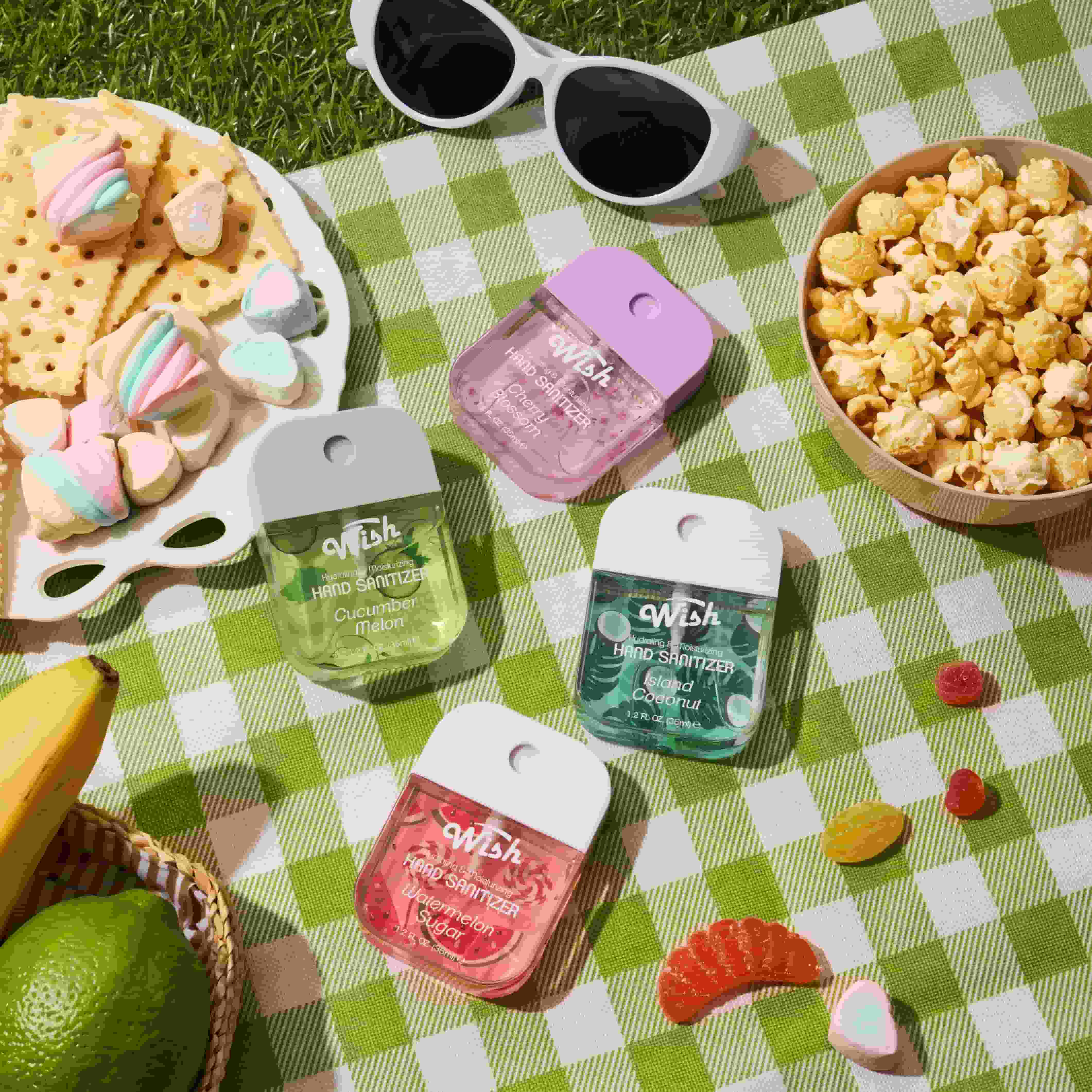 【Summer Edition】Wish Refreshing Hand Sanitizer Spray 4-Pack, 1.2 fl oz Each – Watermelon Sugar, Cherry Blossom, Island Coconut & Cucumber Melon