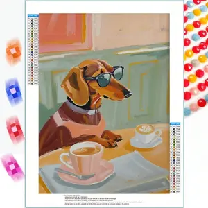 A 5D DIY Full-drill Round Diamond Painting, Wall Art Painting, Frameless, Large Size, Vintage-Style Posters, Dachshund-Themed Coffee Artwork, Playful Dog Wearing Glasses. Measures 30x40cm / 11.8x15.7 Inches. Suitable for Beginners and Craft Enthusiasts