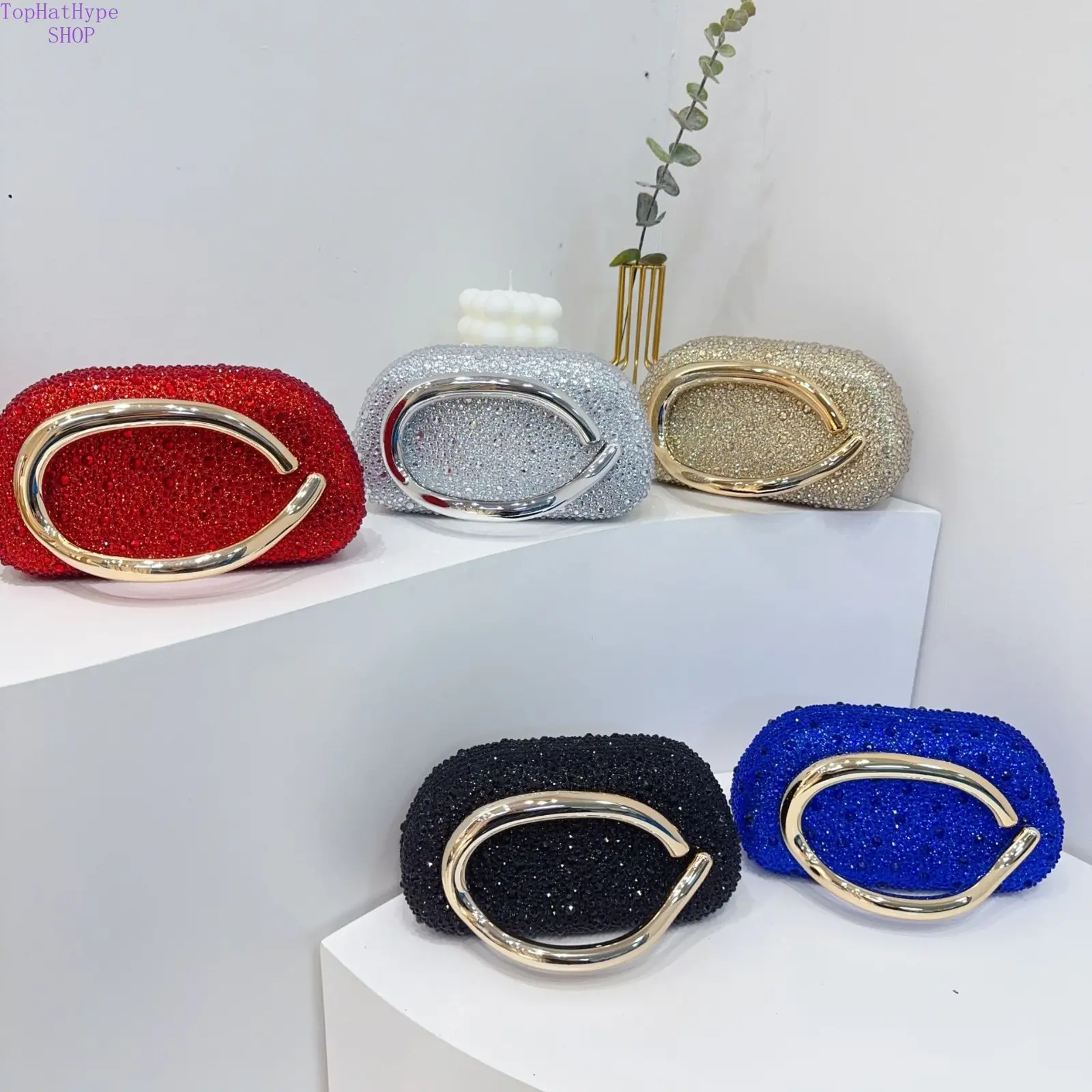 Women's Crystal Evening Clutch, Chic Round Box Fashion Purse with Metal Top Handle and Convertible Strap for Party & Wedding, Fashion Purses, Gold Clutch Purse, Spark