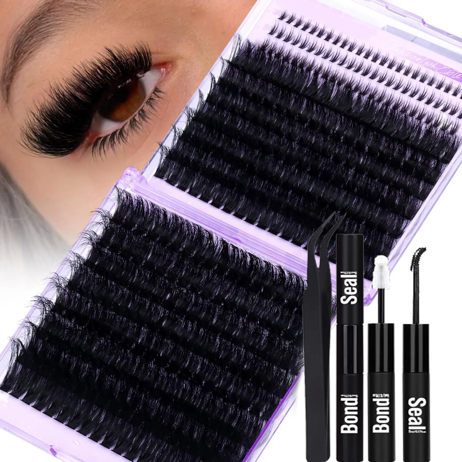 360 Fluffy Lash Clusters False Eyelashes, 12–24 mm Long Fluffy Lush Volume, D Curl Mixed Lengths, DIY Eyelash Extensions Home Application Kit (360 Pieces)