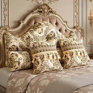 RoyalFloral Pillow Comfort Set - 3-Piece Queen Size with Tufted Headrest, Lumbar Support, and Gold Embroidered Throw Pillows in Deep Blue