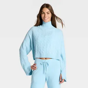 Women's Mock Neck Cable Knit Sweater - JoyLab Light Blue XXS