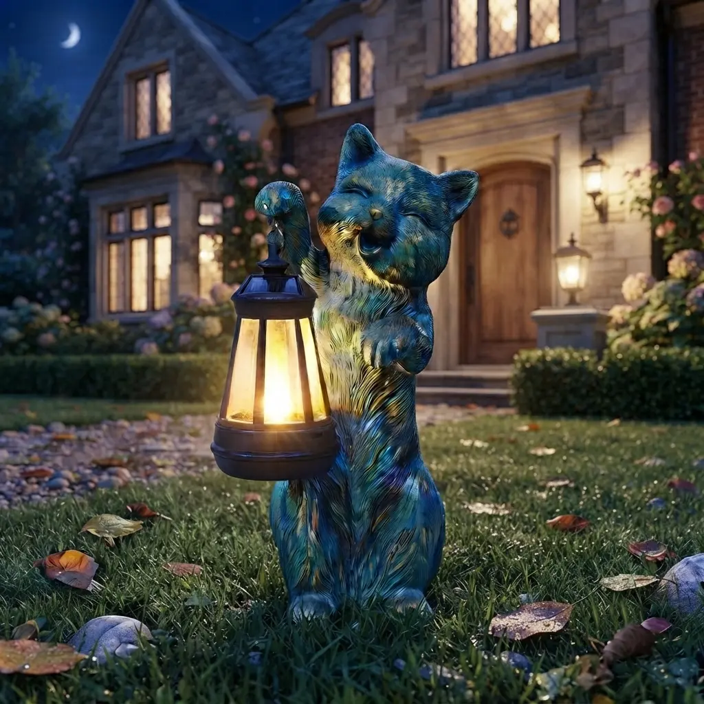 Solar Cat Garden Statue - Waterproof Resin LED Solar Lantern Decor, Cute Glowing Outdoor Figurine for Patio & Lawn, Eco-Friendly Gift for Cat Lovers, Porch Ornament
