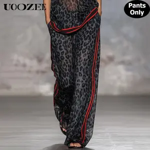 UOOZEE Women's Edgy Leopard Print Pockets Lined Chiffon Pants(ONLY),  Elastic Waist Wide Leg Palazzo Trousers, Summer Sheer Pants with Red Side Stripes, Size Down for Slim Look