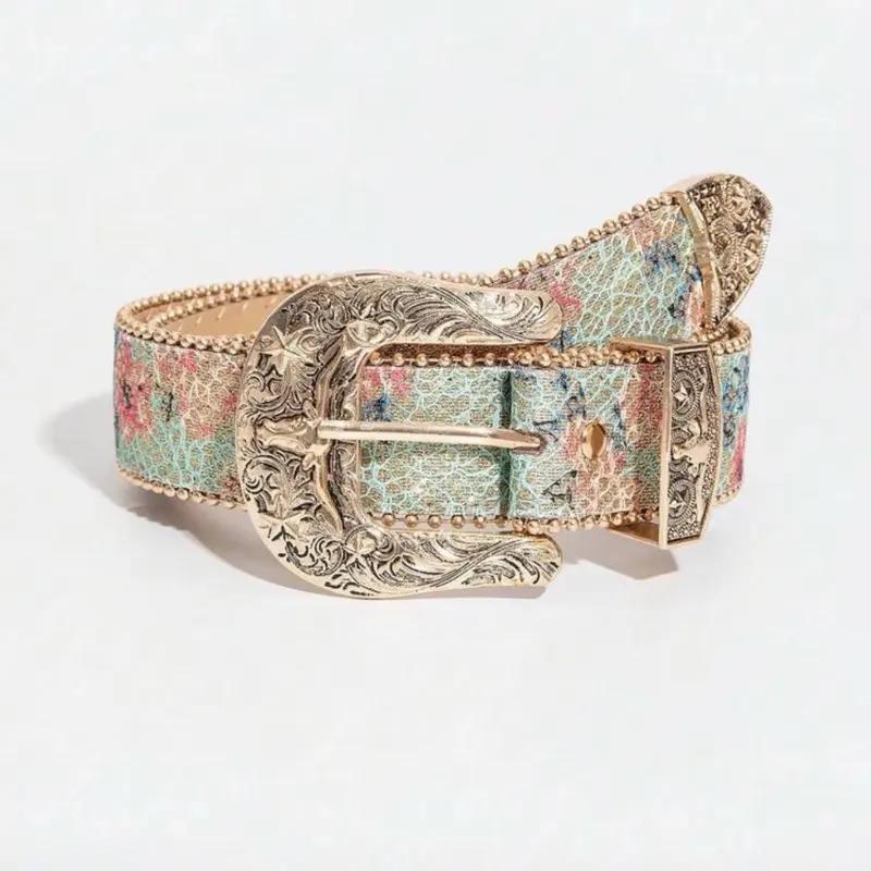 Women's Retro Luxury Carved Bull Head Star Metal Buckle Light Green Floral Print Beaded Belt
