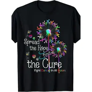 Cancer Awareness T-Shirt for Men & Women with Colorful Ribbon & Dandelion Design, "Spread Hope Fight Cancer" Slogan, Unisex Retro Round Neck Short Sleeve, Breathable Elastic Cotton, Regular Fit, Machine Washable, Charity Events & Casual Wear